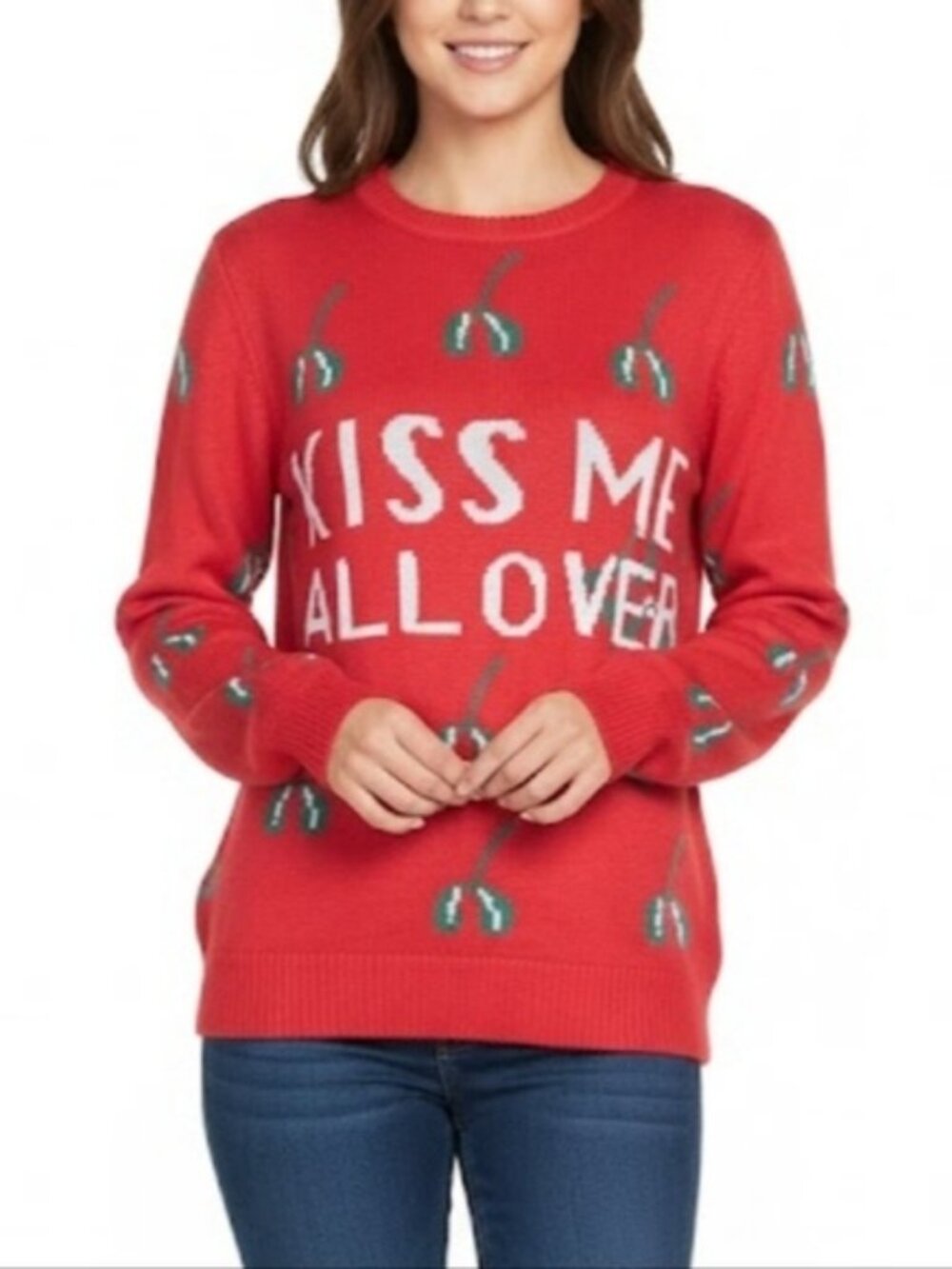 Ugly Christmas Sweater Womens Red Green Mistletoe Kiss Me All Over Holiday